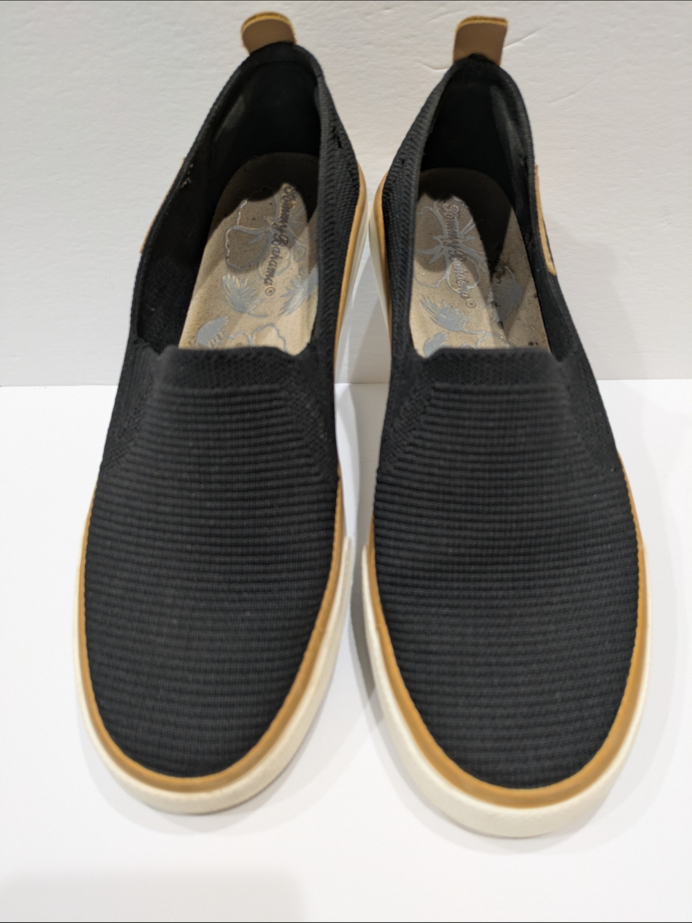 Tommy Bahama Black Slip-On Knit Sneakers with Tan Trim